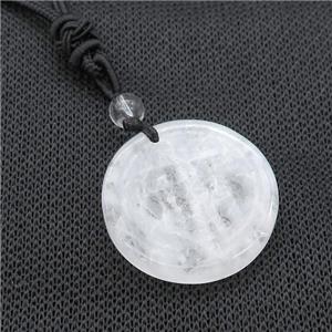 Clear Quartz Circle Chakra Necklace Black Nylon Rope Cord, approx 30mm