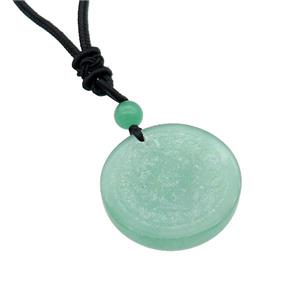 Green Aventurine Circle Chakra Necklace Black Nylon Rope Cord, approx 30mm