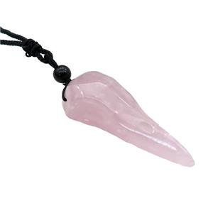 Pink Rose Quartz Crow Skull Necklace Birds Black Nylon Rope Cord, approx 25-70mm