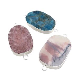 Mixed Gemstone Oval Connector Flat Silver Plated, approx 20-35mm