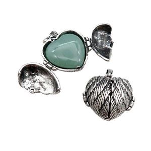 Zinc Alloy Heart Wish Box Locket With Green Aventurine Antique Silver, approx 26mm