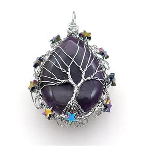 Natural Amethyst Teardrop Pendant With Tree Of Life Wire Wrapped Platinum Plated, approx 40-50mm