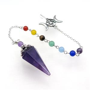 Natural Purple Amethyst Pendulum Pendant With Gemstone Chakra Chain Platinum Plated, approx 18-35mm, 6mm, 18cm length