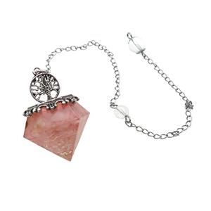 Rose Quartz Chips Dowsing Diamond Shape Pendulum Pendant Tree Of Life Copper Chain Platinum Plated, approx 30mm, 20cm length