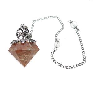 Red Carnelian Chips Dowsing Diamond Shape Pendulum Pendant Tree Of Life Copper Chain Platinum Plated, approx 30mm, 20cm length