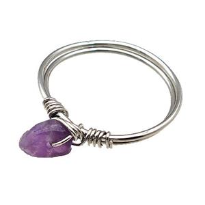 Copper Rings With Purple Amethyst Wire Wrapped Platinum Plated, approx 6-8mm, 18mm dia