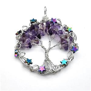 Purple Amethyst Chips Pendant Tree Of Life Copper Wire Wrapped Platinum Plated, approx 50mm