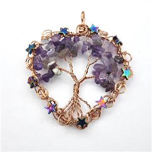 Purple Amethyst Chips Pendant Tree Of Life Copper Wire Wrapped Rose Gold, approx 50mm