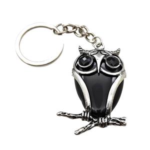 Owl Charms Keychain With Black Obsidian Alloy Platinum Plated, approx 26-40mm, 25mm