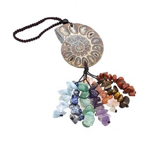 Ammonite Fossil Pendant With Chakra Gemstone Tassel, approx 40mm, 140mm length