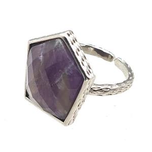 Purple Amethyst Pentagon Rings Copper Shield Adjustable Platinum Plated, approx 18-20mm, 18mm dia