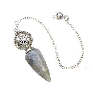 Natural Labradorite Dowsing Pendulum Pendant With Copper Hollow Ball Chain Platinum, approx 15-30mm, 18mm, 16cm length