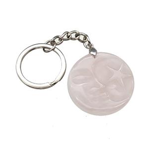 Pink Rose Quartz MoonStar Keychain Circle Alloy Platinum Plated, approx 32mm, 25mm