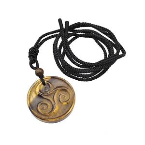 Tiger Eye Stone Triskelion Necklace Circle Black Nylon Rope, approx 32mm