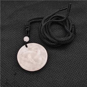 Natural Pink Rose Quartz Trinity Necklace Circle Black Nylon Rope, approx 32mm