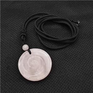 Natural Pink Rose Quartz Spiral Necklace Circle Black Nylon Rope, approx 32mm