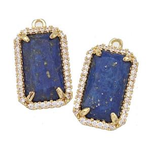 Natural Lapis Lazuli Rectangle Pendant Copper Pave Zircon Gold Plated, approx 12-18mm