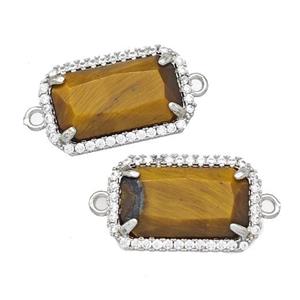 Natural Tiger Eye Stone Rectangle Connector Copper Pave Zircon Platinum Plated, approx 12-18mm