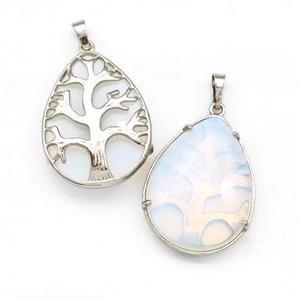 White Opalite Teardrop Pendant Tree Platinum Plated, approx 25-33mm