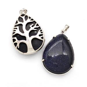 Blue Sandstone Teardrop Pendant Tree Platinum Plated, approx 25-33mm