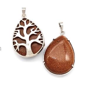 Golden Sandstone Teardrop Pendant Tree Platinum Plated, approx 25-33mm