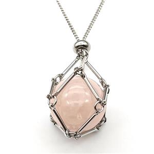 Natural Pink Rose Quartz Necklace Platinum Plated, approx 18mm