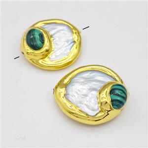 White Pearl Coin Beads With Synthetic Malachite Gold Plated, approx 20-24mm