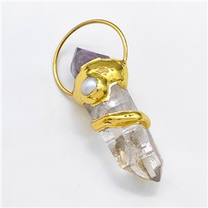 Natural Clear Crystal Quartz Stick Pendant With Pearl Amethyst Gold Plated, approx 20-60mm