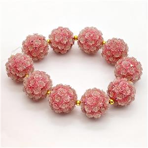 Resin Round Beads Pave Rhinestone Flower Pink, approx 22mm dia