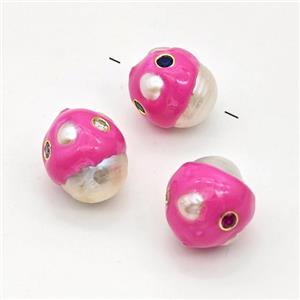 White Pearl Potato Beads Pave Zirconia Pink Enamel, approx 13-17mm