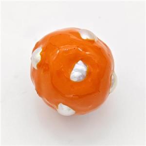 Clay Round Beads Pave Pearl Orange Enamel, approx 20mm