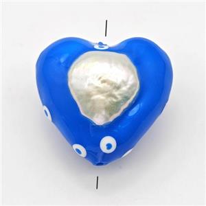 Clay Heart Beads Pave Pearl Blue Enamel, approx 25mm