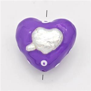 Clay Heart Beads Pave Pearl Purple Enamel, approx 25mm