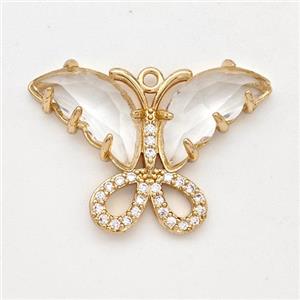 Clear Crystal Glass Copper Butterfly Pendant Pave Zirconia Gold Plated, approx 20-28mm