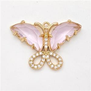 Pink Crystal Glass Copper Butterfly Pendant Pave Zirconia Gold Plated, approx 20-28mm