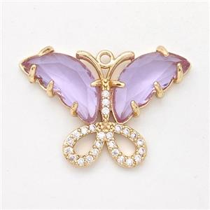 Purple Crystal Glass Copper Butterfly Pendant Pave Zirconia Gold Plated, approx 20-28mm