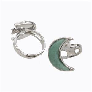 Copper Moon Rings Pave Green Aventurine Adjustable Platinum Plated, approx 18-22mm, 18mm dia