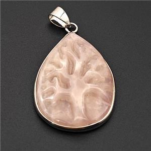 Natural Pink Rose Quartz Tree Pendant Carved, approx 24-32mm