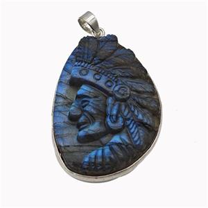 Natural Labradorite Pendant Tribal Leader Carved, approx 28-40mm