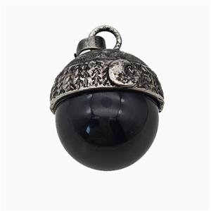 Natural Black Obsidian Sphere Pendant Alloy Antique Silver, approx 18mm