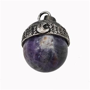 Natural Purple Amethyst Sphere Pendant Alloy Antique Silver, approx 18mm