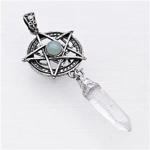 Alloy Star Pendant Pave Aventurine With Crystal Quartz Stick Antique Silver, approx 8-38mm, 30mm