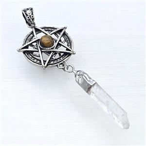 Alloy Star Pendant Pave Tiger Eye With Crystal Quartz Stick Antique Silver, approx 8-38mm, 30mm