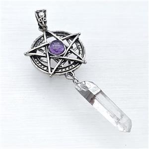 Alloy Star Pendant Pave Amethyst With Crystal Quartz Stick Antique Silver, approx 8-38mm, 30mm