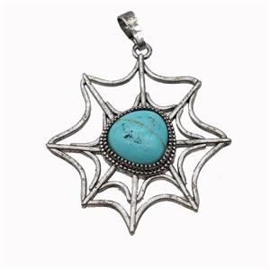 Alloy Spiderweb Pendant Pave Teal Turquoise Antique Silver, approx 12mm, 40-45mm