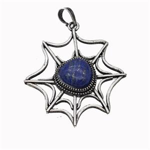 Alloy Spiderweb Pendant Pave Blue Lapis Lazuli Antique Silver, approx 12mm, 40-45mm