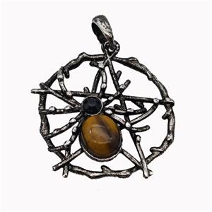 Alloy Spider Pendant Pave Tiger Eye Stone Antique Silver, approx 35-40mm