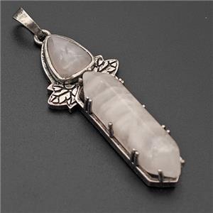 Natural Pink Rose Quartz Prism Pendant Alloy Leaf Antique Silver, approx 8-33mm, 48mm