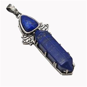 Natural Blue Lapis Lazuli Prism Pendant Dye Alloy Leaf Antique Silver, approx 8-33mm, 48mm