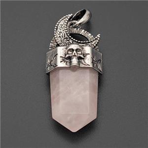 Natural Pink Rose Quartz Prism Pendant Alloy Moon Skull Antique Silver, approx 18-45mm